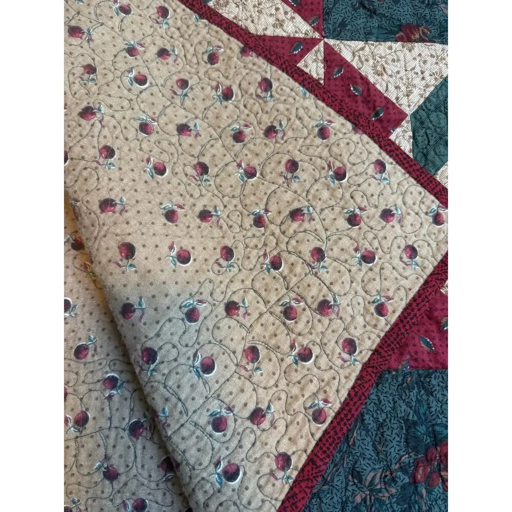 Handmade Quilt Vintage Cottage Farmhouse Cabin Fall Florals Red Green Pinwheels